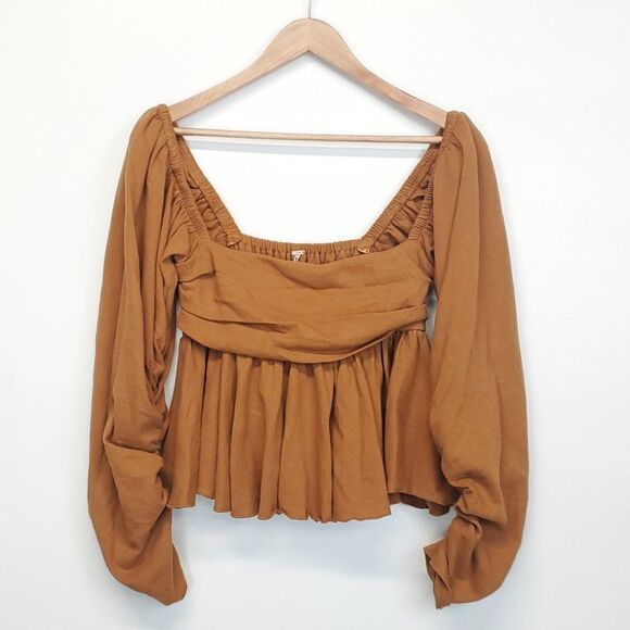 Free People Gigi Long Sleeve Square Neck Smocked Peplum Boho Top - Picture 2 of 13